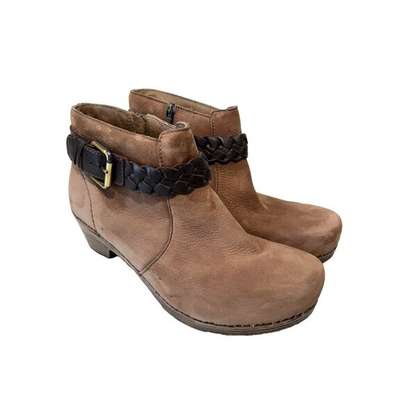 Dansko Michelle Braid Belted Brown Nubuck Leather Ankle Bootie - Picture 1 of 11